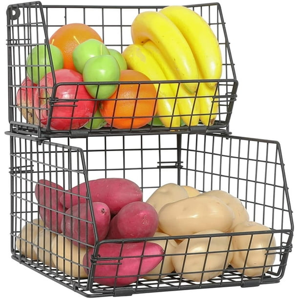 Fruit and Vegetable Basket,2-Tier Wall-mounted & Countertop Tiered Baskets for Potato Onion Storage,Stackable Kitchen Wire Storage Baskets for Fruit ...