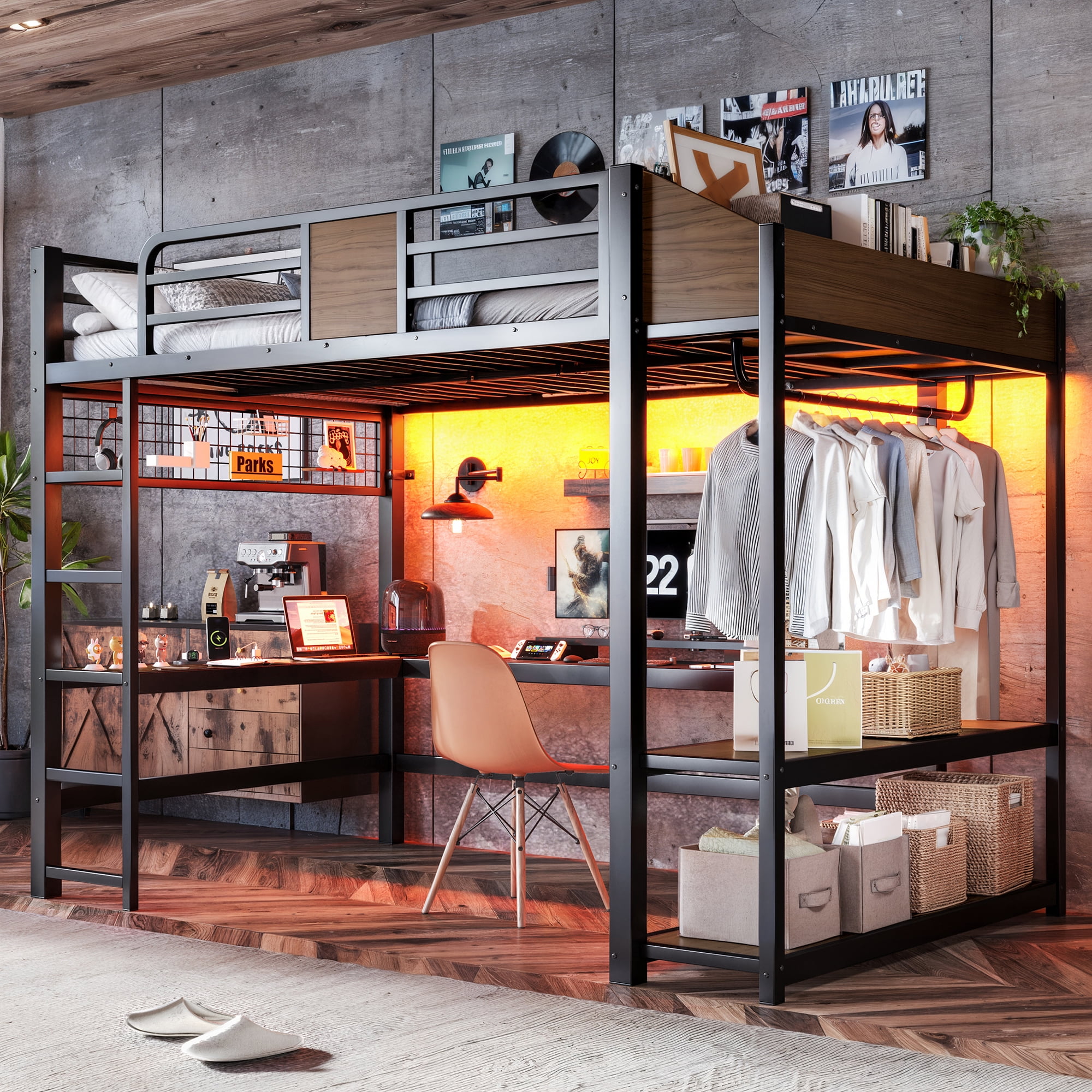 Mintazer Full Metal Loft Bed with L-Shaped Desk & LED Light Strip, Loft Bed Frame with Charging Station and Clothes Hanging Rod & Storage Shelves for Teen Adult Small Apartment Dorm, Black & Walnut