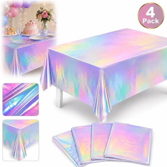 4 Pack Iridescent Tablecloths, Disposable Plastic Table Covers with Holographic Laser Foil Finish, Shiny Rectangle Party Tablecloth for Birthday, Wedding, Celebration Decorations
