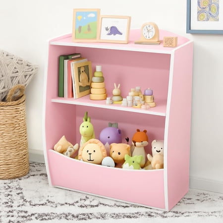 2 Tier Kids Toy Storage Organizer with Bookshelf, Wooden Front Facing Book Display Shelf with Large Bottom Cubby Bin, Toddler Bookcase for Kids Room Playroom Nursery Classroom