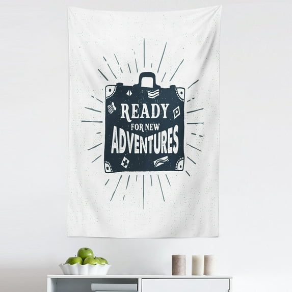 Adventure Tapestry, Ready for New Adventures Briefcase Traveling Journey Themed Design Work of Art Print, Fabric Wall Hanging Decor for Bedroom Living Room Dorm, 5 Sizes, Indigo, by Ambesonne