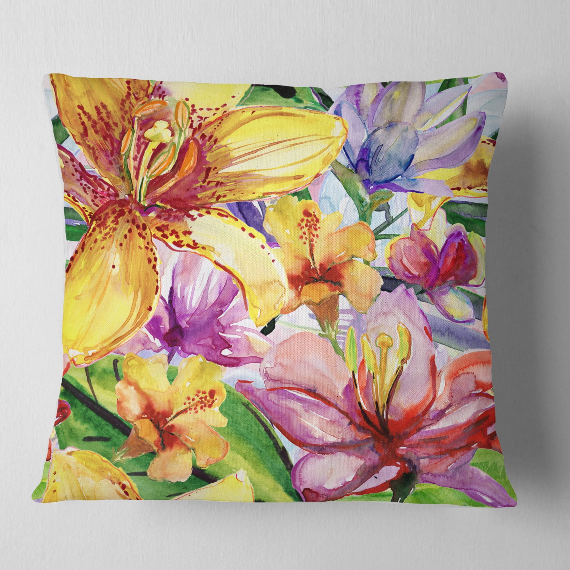 Designart Lily Flowers Illustration Art - Floral Throw Pillow - 16x16