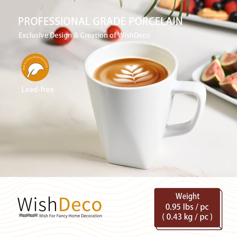 Wishdeco White Coffee Mugs Set of 6, Ceramic Coffee Cups 14 oz, Modern Tea Mugs, Porcelain Tea Cups, Large Mug for Latte, Cappuccino, Milk, Juice,