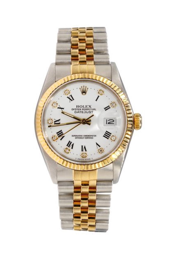 Pre-Owned Mens Rolex Two-Tone 18K/SS Datejust Watch White Diamond Roman Dial 16013