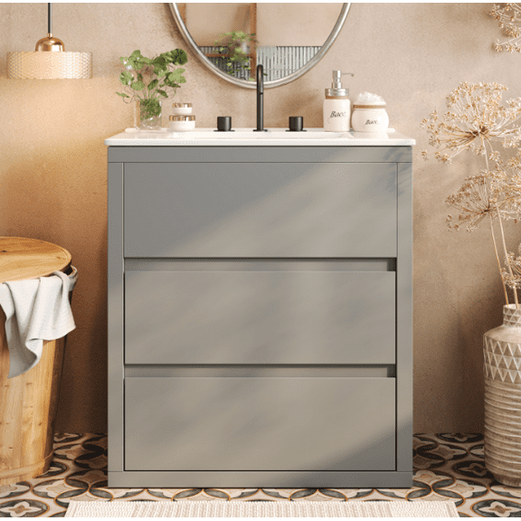 Euroco 30" Bathroom Vanity with Ceramic Sink and 2 Full-Extension Drawers, Freestanding Bathroom Vanity with 45° Free-Handle Design, Soft Close Undermount Drawer Slides, Gray