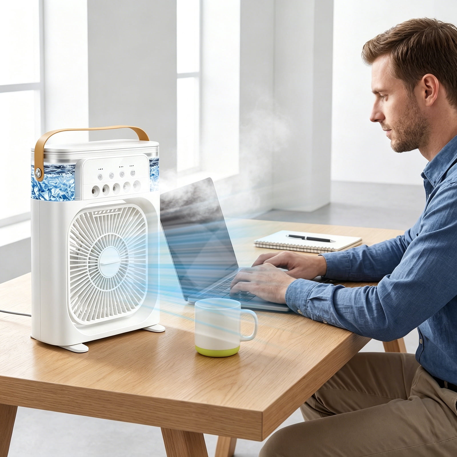 HEEYCEM 10 Inch Ice Mist Desktop Fan, Humidifying Cooling Fan Compatible with Essential Oil, Mosquito Repellent Liquid and Ice Cubes, 3 Speed Adjustable, 180° Adjustable Angle, Detachable Easy Clean