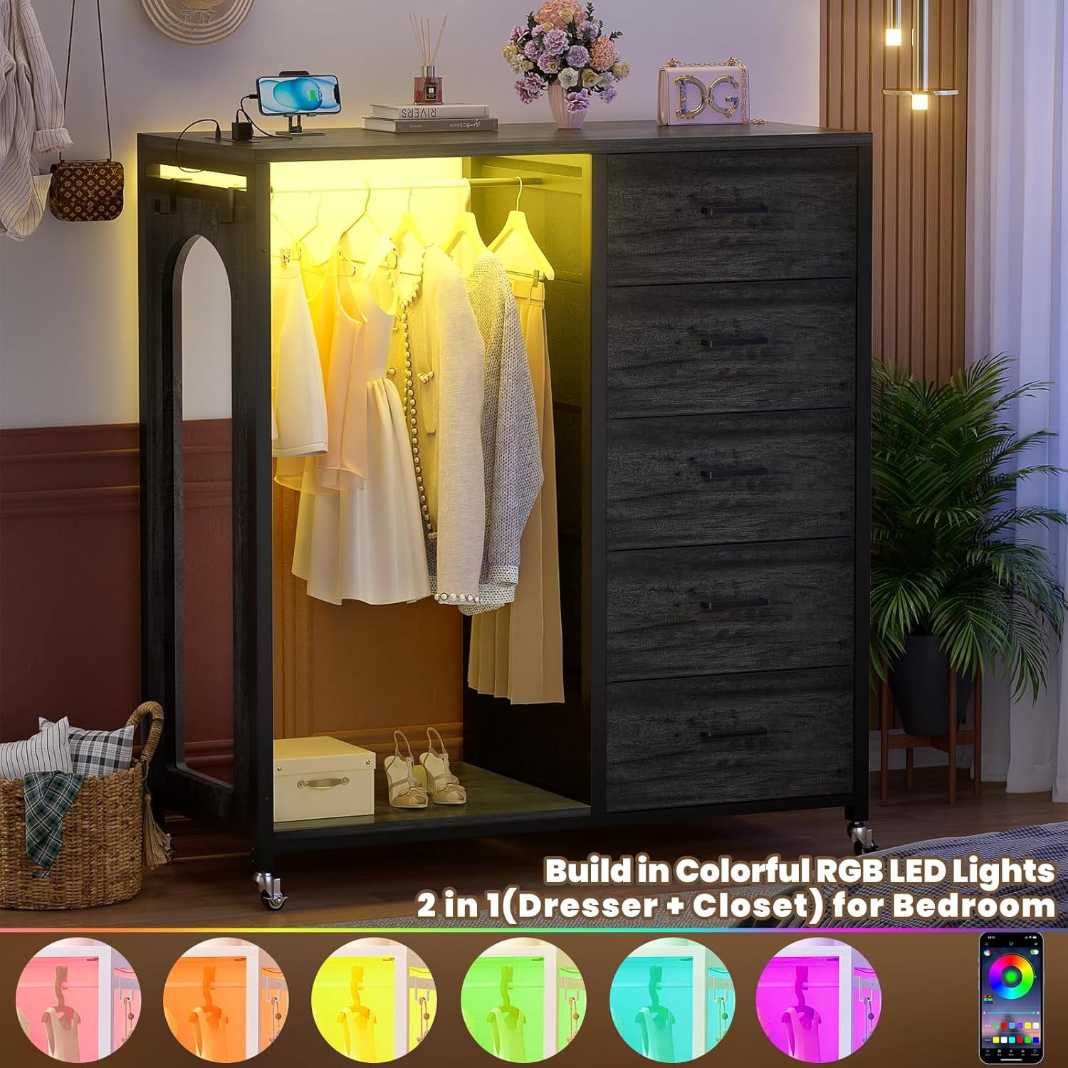 Homieasy Dresser for Bedroom with Clothes Rack & Mirror, Black 5 Drawers Dresser with Charging Station & LED Lights, Rolling Chest of Drawers with Wheels, Full Length Mirror, Wooden Top