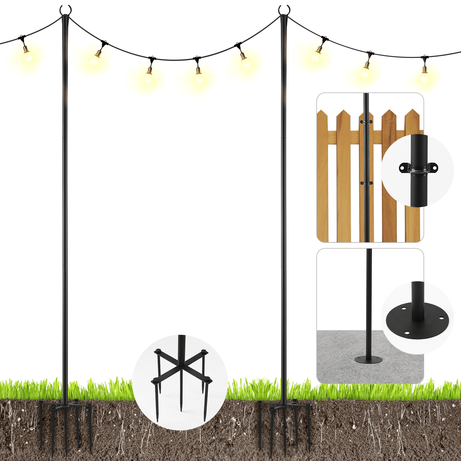 RichYa Outdoor String Light Poles 2 Pack, Extends to 8 ft, Three Installation Methods for Lawn Deck and Fence, for Hanging String Lights and Decor