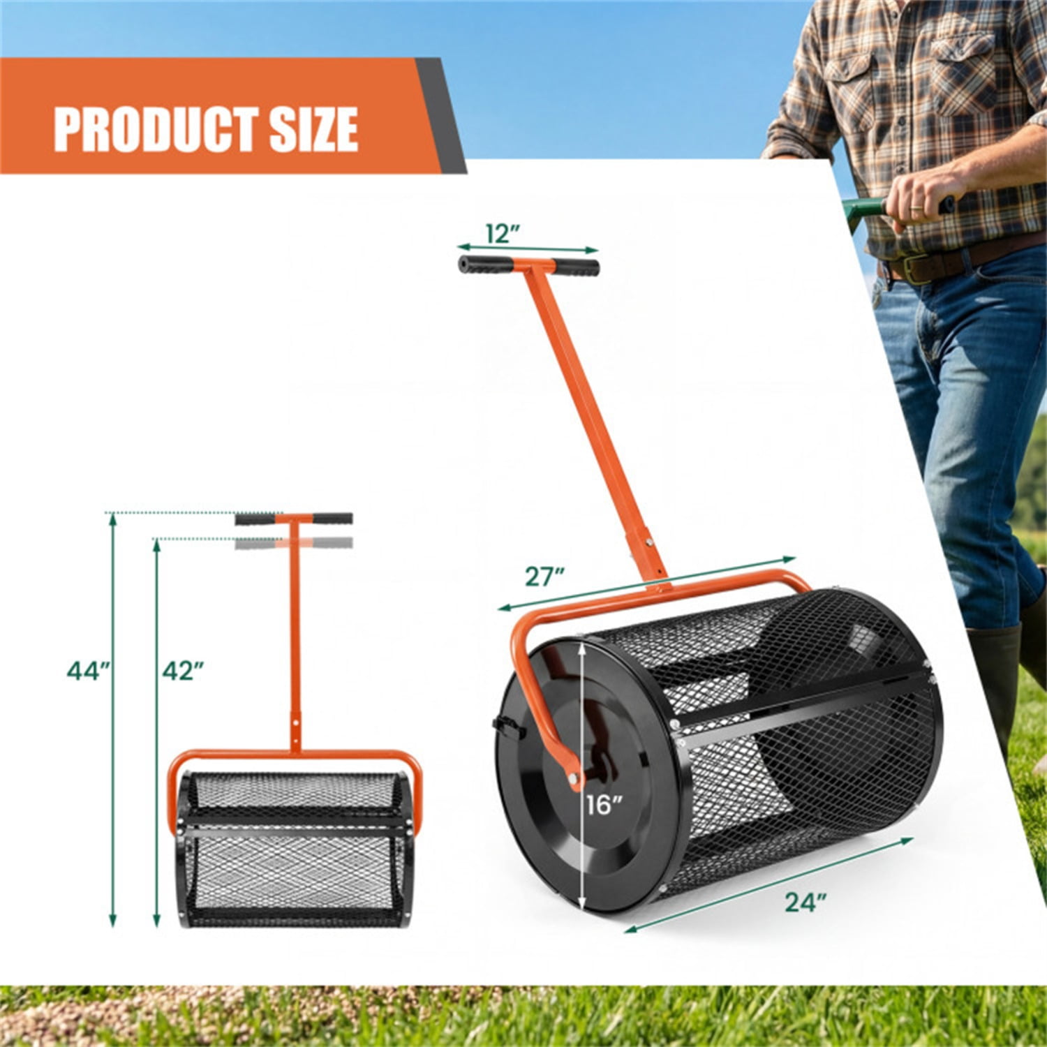 27"×16" Lawn Fertilizer Spreader with Diamond Mesh Clump-Free Garden Compost Spreader - Orange