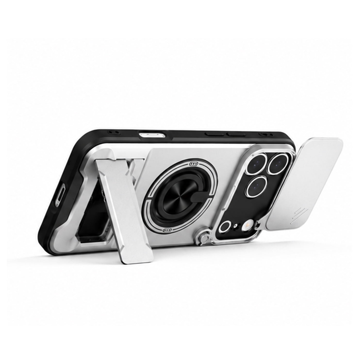 Heavy Duty MagSafe Slide Lens Protective Case with Kickstand for iPhone 17 Pro Max - Silver