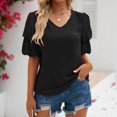 thumbnail image 2 of Top de verano para mujer, camisa informal con cuello en V y mangas cortas cónicas con farol de punto Jacquard, color negro L, 2 of 5