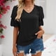 thumbnail image 2 of Top de verano para mujer, camisa informal con cuello en V y mangas cortas cónicas con farol de punto Jacquard, color negro L, 2 of 5