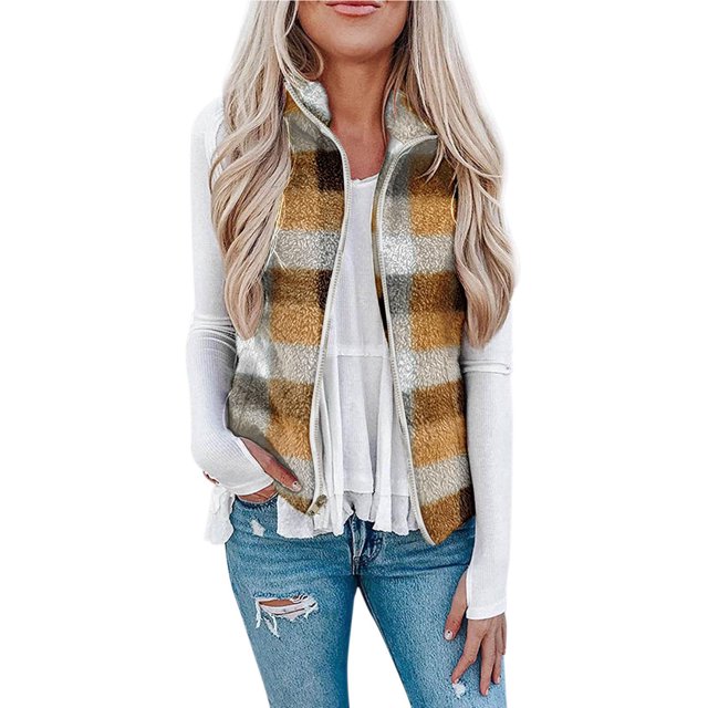 Chaleco De Lana Tie Dye Sin Mangas Con Cremallera Chaleco Con Estampado De Patrón Étnico Outwear Chaleco De Lana Suave Y Cálido Cuadros Amarillos M