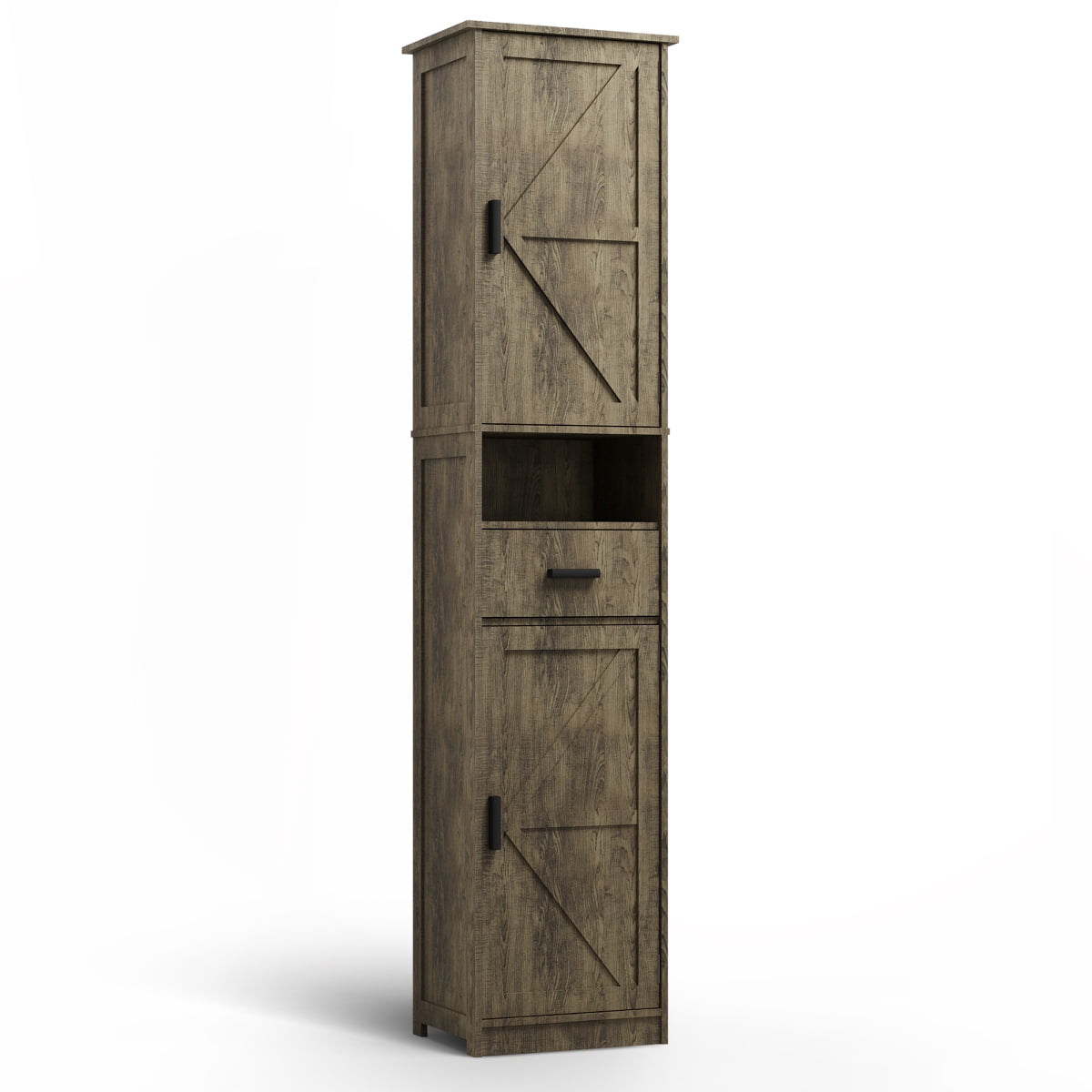 69" H Tall Bathroom Storage Cabinet with 2 Barn Doors and 1 Drawer, Narrow Storage Unit with Adjustable Shelves, Floor Cabinet for Bathroom Living Room Entryway, Gray