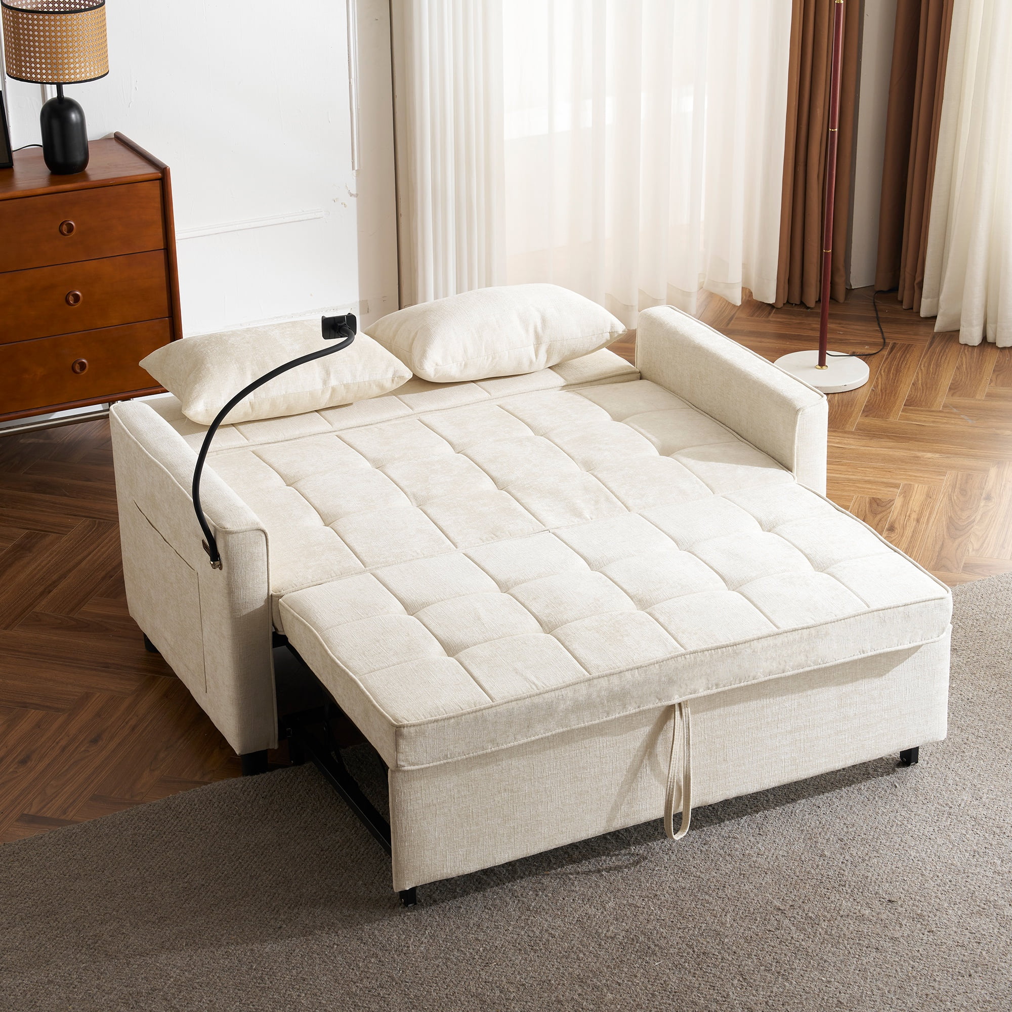 3 in 1 Convertible Sofa Bed, Pull Out Couch with Phone Holder & Backrest Cushion, Loveseat Sleeper for Living Room, Little Apartment, Bedroom, Beige