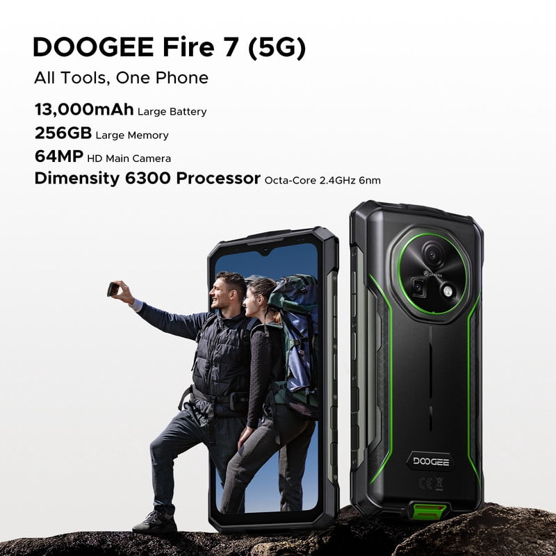 DOOGEE Fire 7 AI 5G Rugged Phone,13000mAh/18W,16GB+256GB/TF 2TB Rugged Smartphon Unlocked,6.6"HD+ 90Hz,64MP+16MP,IP68/IP69K Waterproof,Nfc/Otg/Face ID