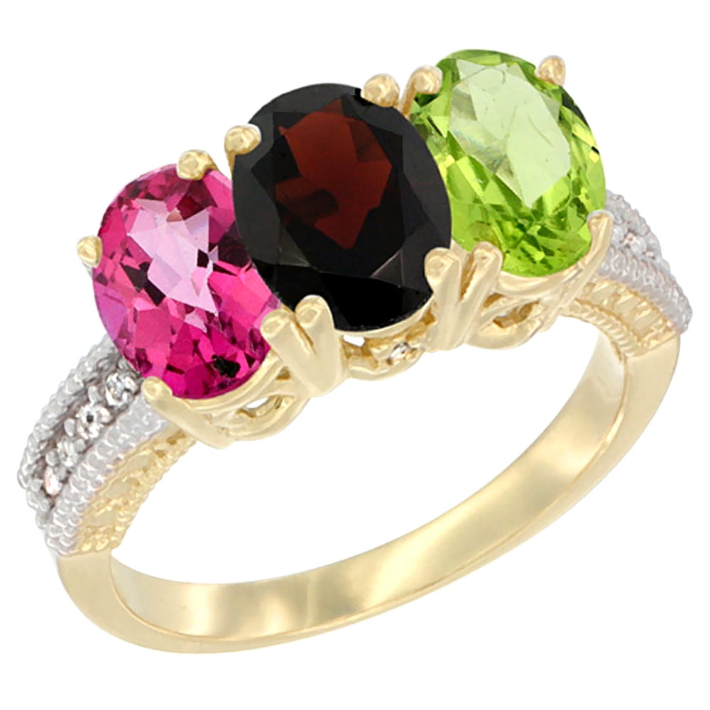 10K Yellow Gold Diamond Natural Pink Topaz, Garnet & Peridot Ring 3-Stone Oval 7x5 mm, sizes 5 10 by WorldJewels