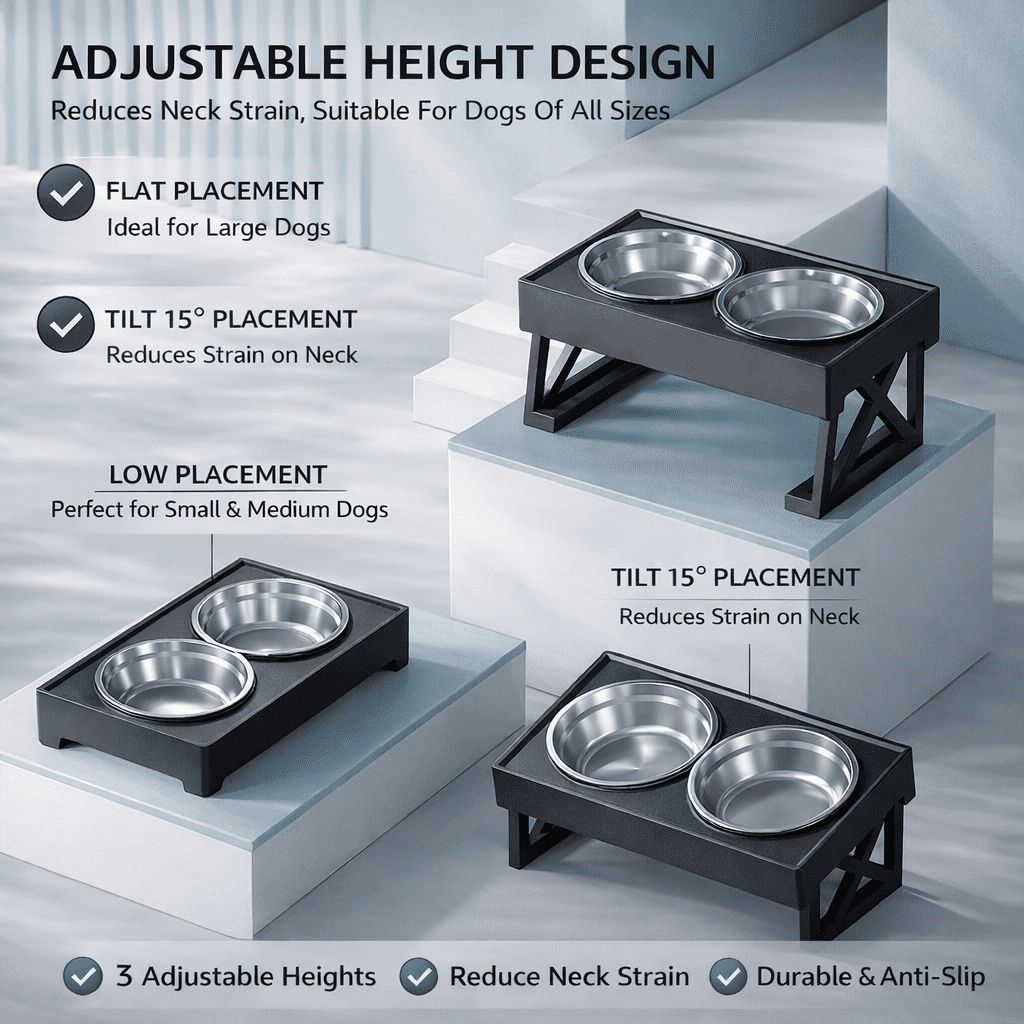 Behmoe Elevated Dog Bowls for Medium Large Dogs,3 Heights Adjustable Breed Raised Dogs Bowl Stand with 2 Stainless Steel Water And Food Bowls,Non-Slip Feeder Dish Station,Black