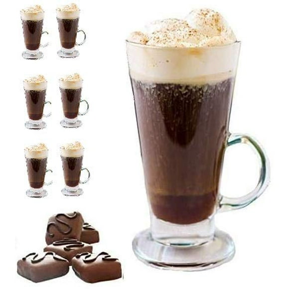 Irish Coffee Mug Tall glass, Latte Cups, Cappuccino and Hot Chocolate Mugs with Handle, Clear Glass, ZERO LEAD for Hot Ounces 6-piece Set (8.5 Ounces)