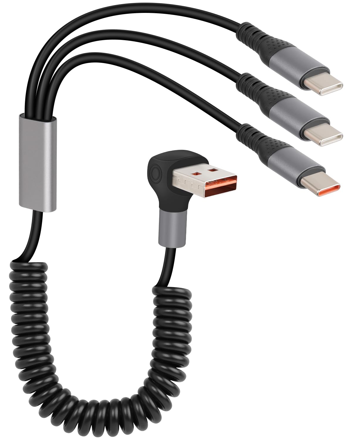 HRTGFD-66W Coiled Multi USB C Fast Charging Cable 90 Degree, Right Angle 3 in 1 USB A to Type C Y Splitter Cable for Phone, Tablet, Power Bank (A to 3C)