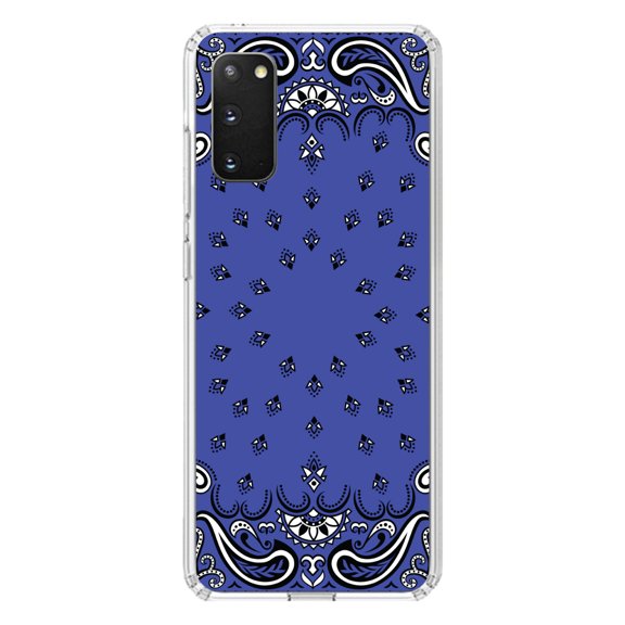 DistinctInk Clear Shockproof Hybrid Case for Galaxy S20 / S20 5G (6.2" Screen) - TPU Bumper, Acrylic Back, Tempered Glass Screen Protector - Bandana Print - Blue, Black, White