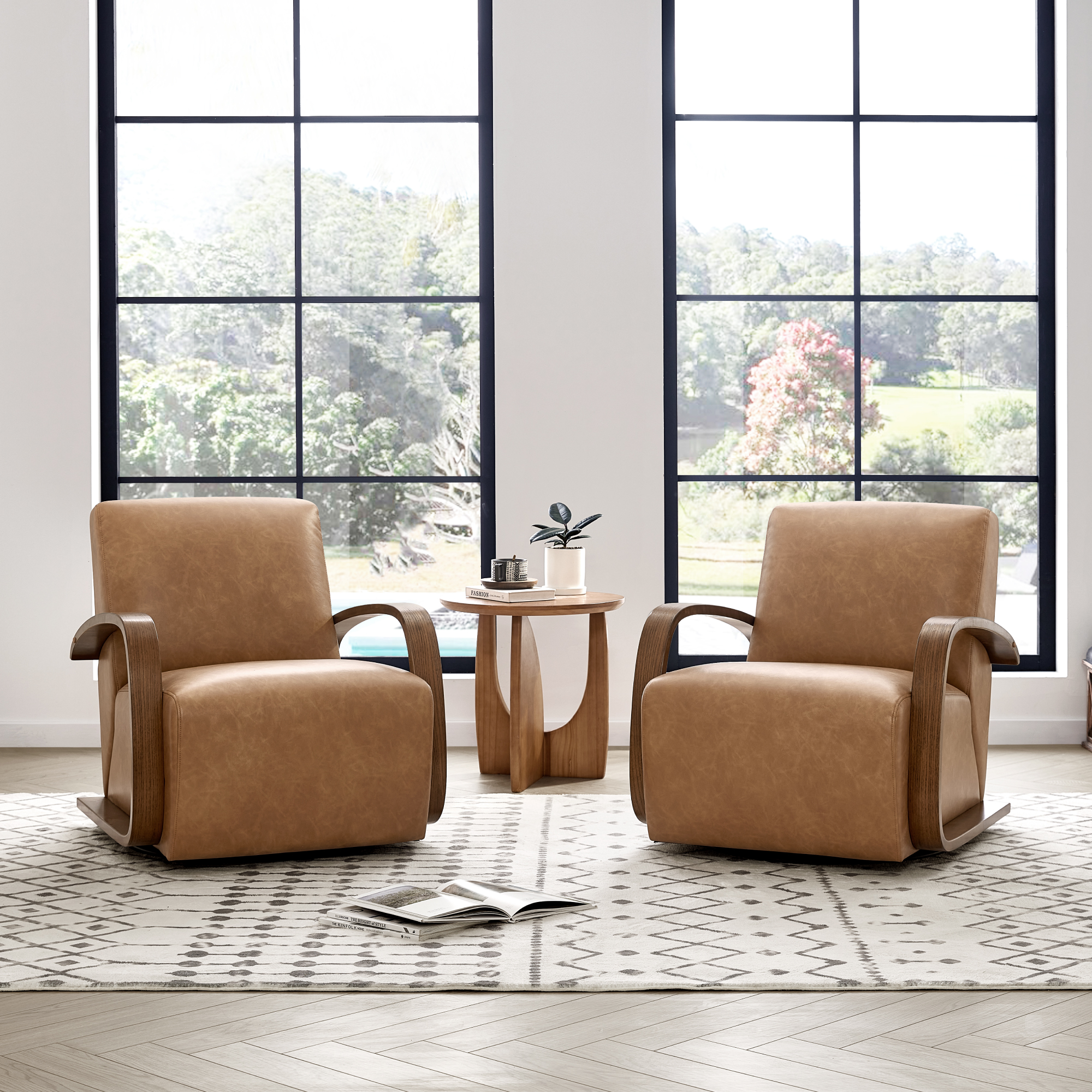 CHITA Swivel Accent Chair with U-shaped Wood Arm for Living Room Beedroom, Cognac Brown & Walnut - image 3 of 14