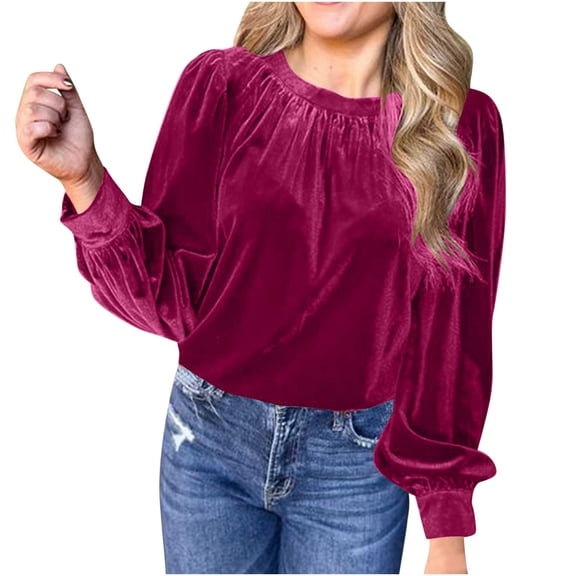 YUGYXL Puff Sleeve Shirts for Women Dressy Velvet Tops Elegant Long Sleeve Velour Blouses Casual Crewneck Work Shirt Hot Pink M