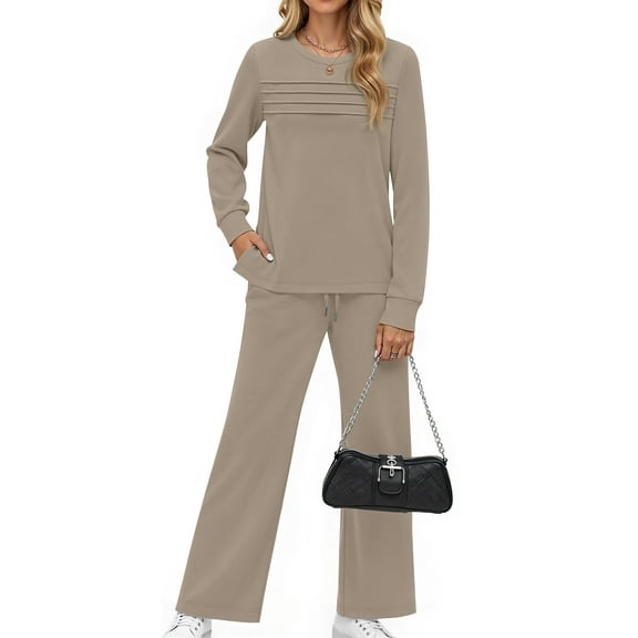 Fantaslook Two Piece Sets for Women Fall Travel Vacation Outfits Pleated Long Sleeve Lounge Sets Wide Leg Pants