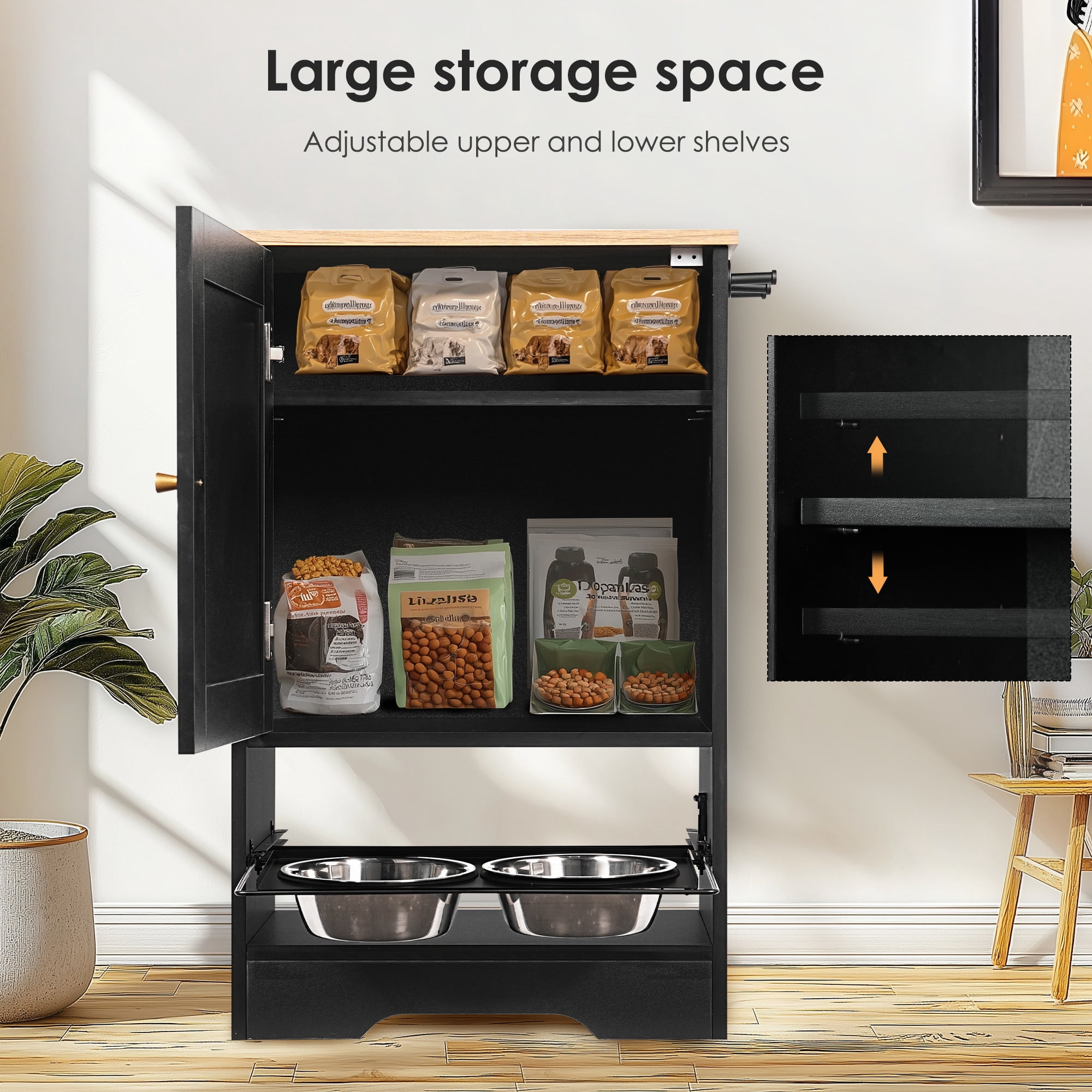 Pefilos 32" Dog Food Storage Cabinet, Pet Feeding Station Furniture with 2 Bowls, Pet Dog and Cat Toy Storage Containers Organizer, Pet Food Cabinet, Black