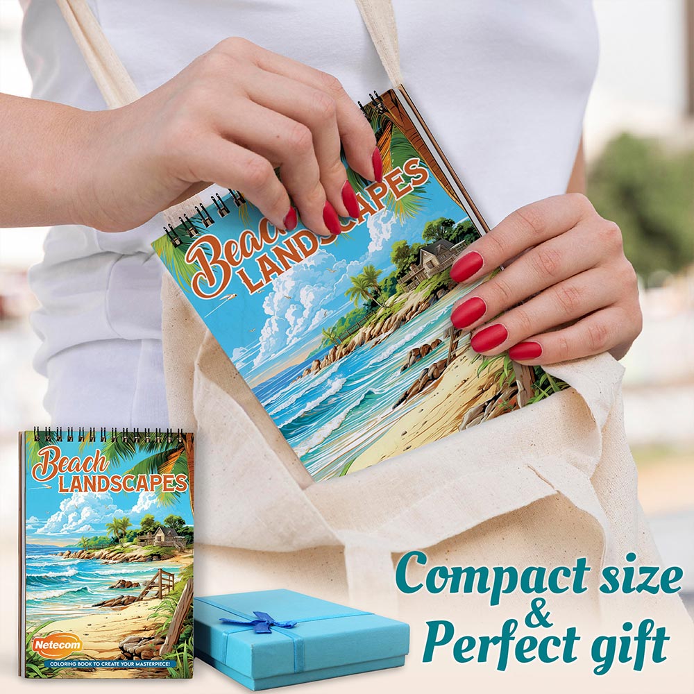 Beach Landscapes Coloring Book Spiral Bound for Adults, A5 Wooden Cover, 30 Beautiful Beach Scenes Coloring Pages of Serene Coastal for Stress Relief and Relaxation
