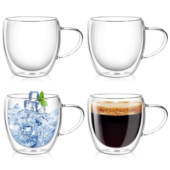 YTCYKJ 4PCS Double Wall Glass Espresso Cups , 8 Ounces Insulated Glass Coffee Cups with Handle, Perfect for Cappuccino, Latte, Tea,Clear