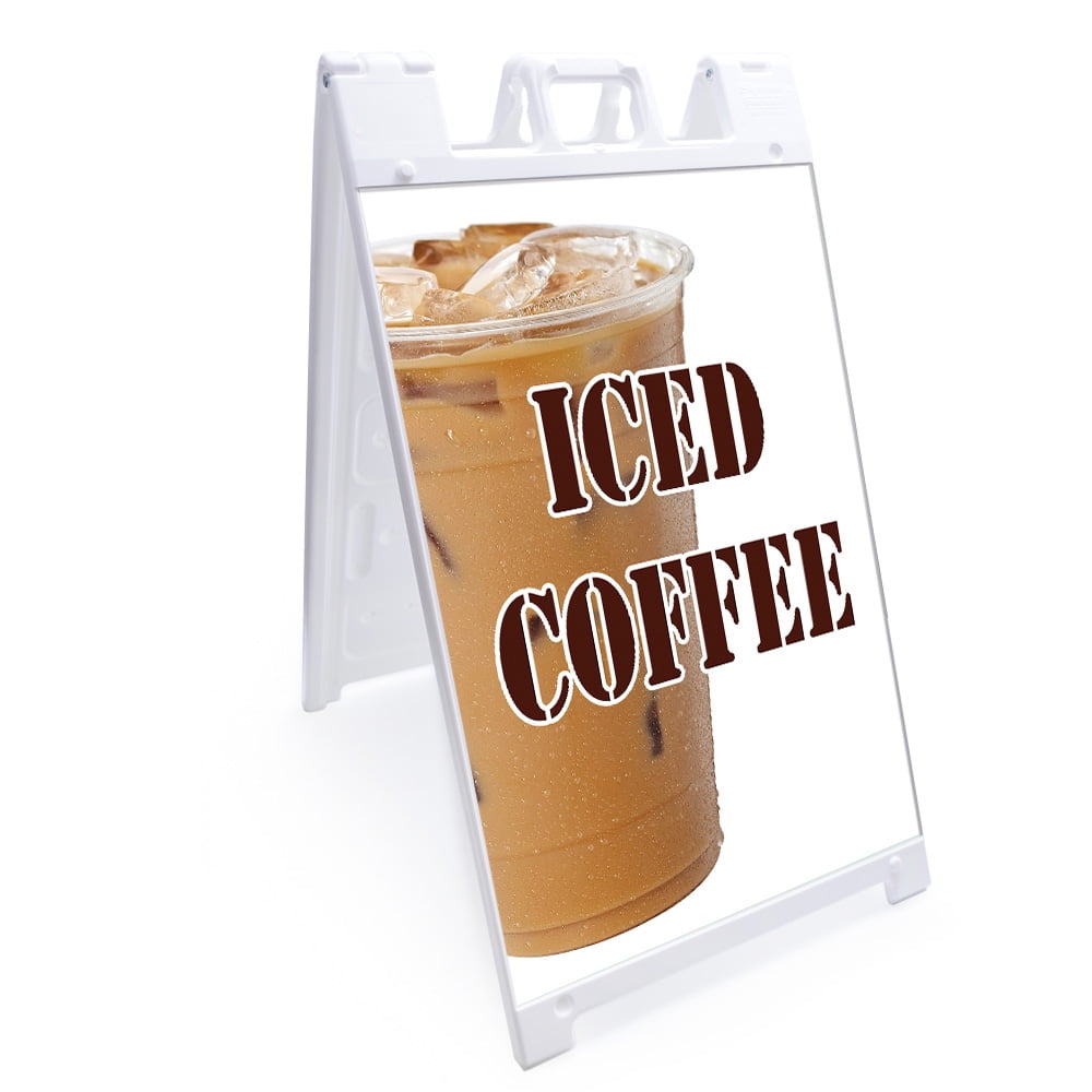 A-frame Sidewalk Iced Coffee Sign With Graphics On Each Side 