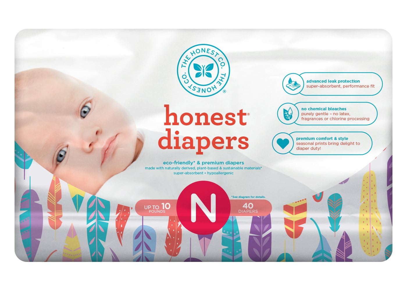 The Honest Company Diapers, Painted Feathers, Size Newborn, 40 Count