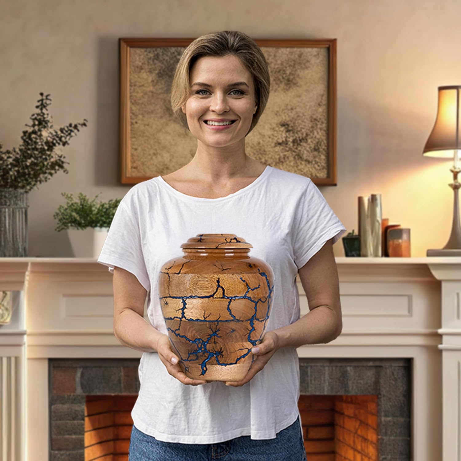 Wooden Cremation Urns for Human Ashes Adult Male 200 Cubic Inches - Urns for Ashes for Women & Men - Blue Urn for Ashes Adult Male - Decorative Urns - Burial and Funeral Urn