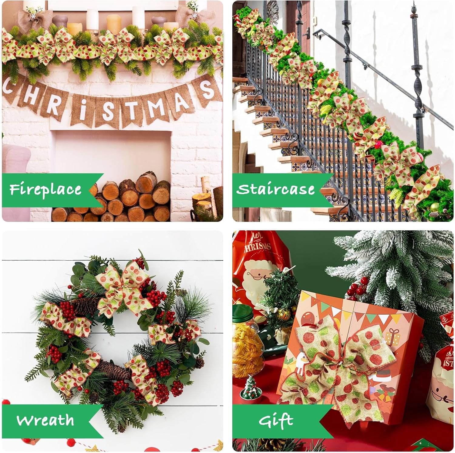 Dalrosia Christmas Tree Ribbon Garland Red and Green Polka Dot Ribbon Garland for Christmas Tree Burlap Ruffled Wired Ribbon Xmas Tree Garland Vintage Rustic Farmhouse Home Deco