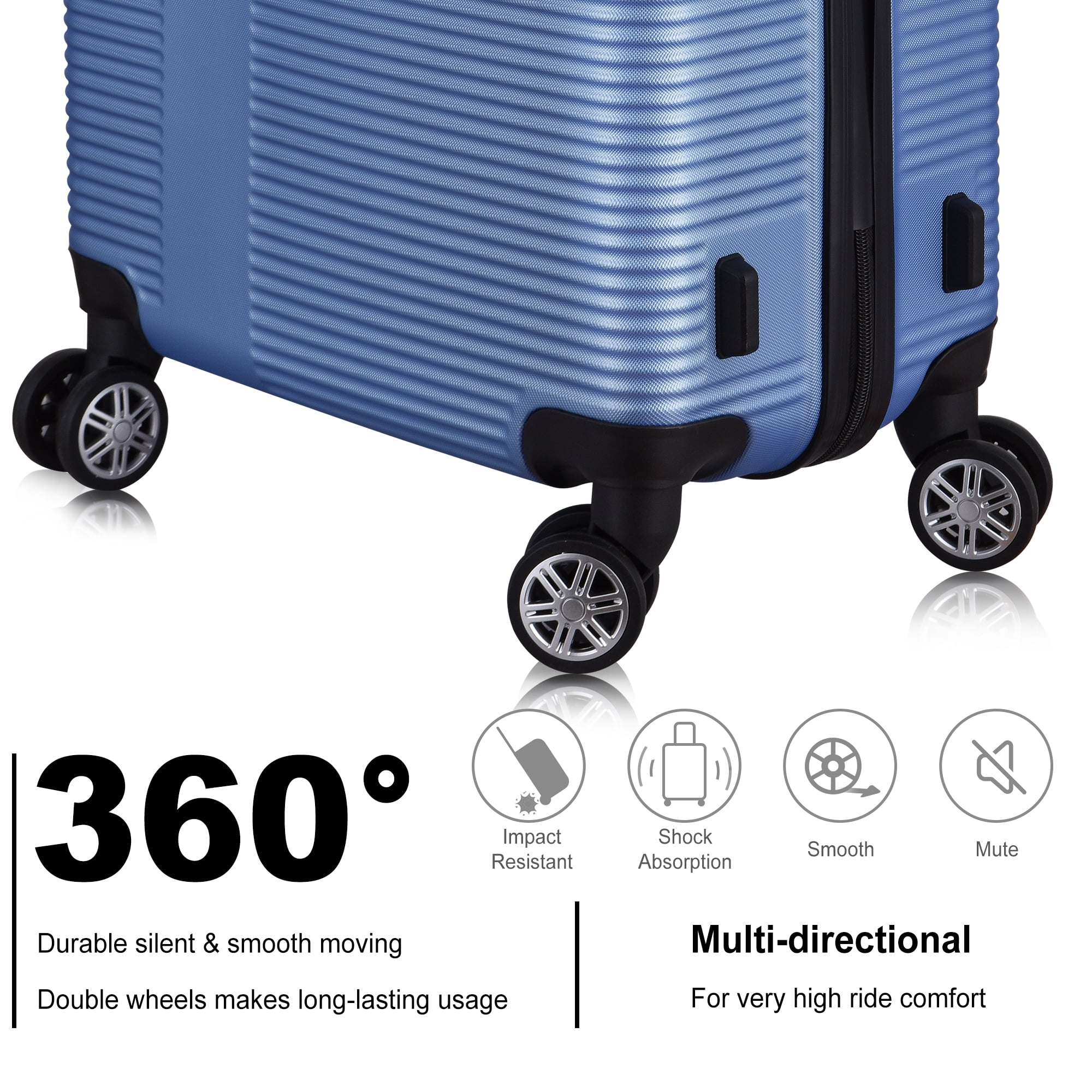 Xuanlur 3-Piece Lightweight Hardside Luggage Set with TSA Lock, 4-Wheel Spinner, and Hooks (20", 24", 28") - Light Blue