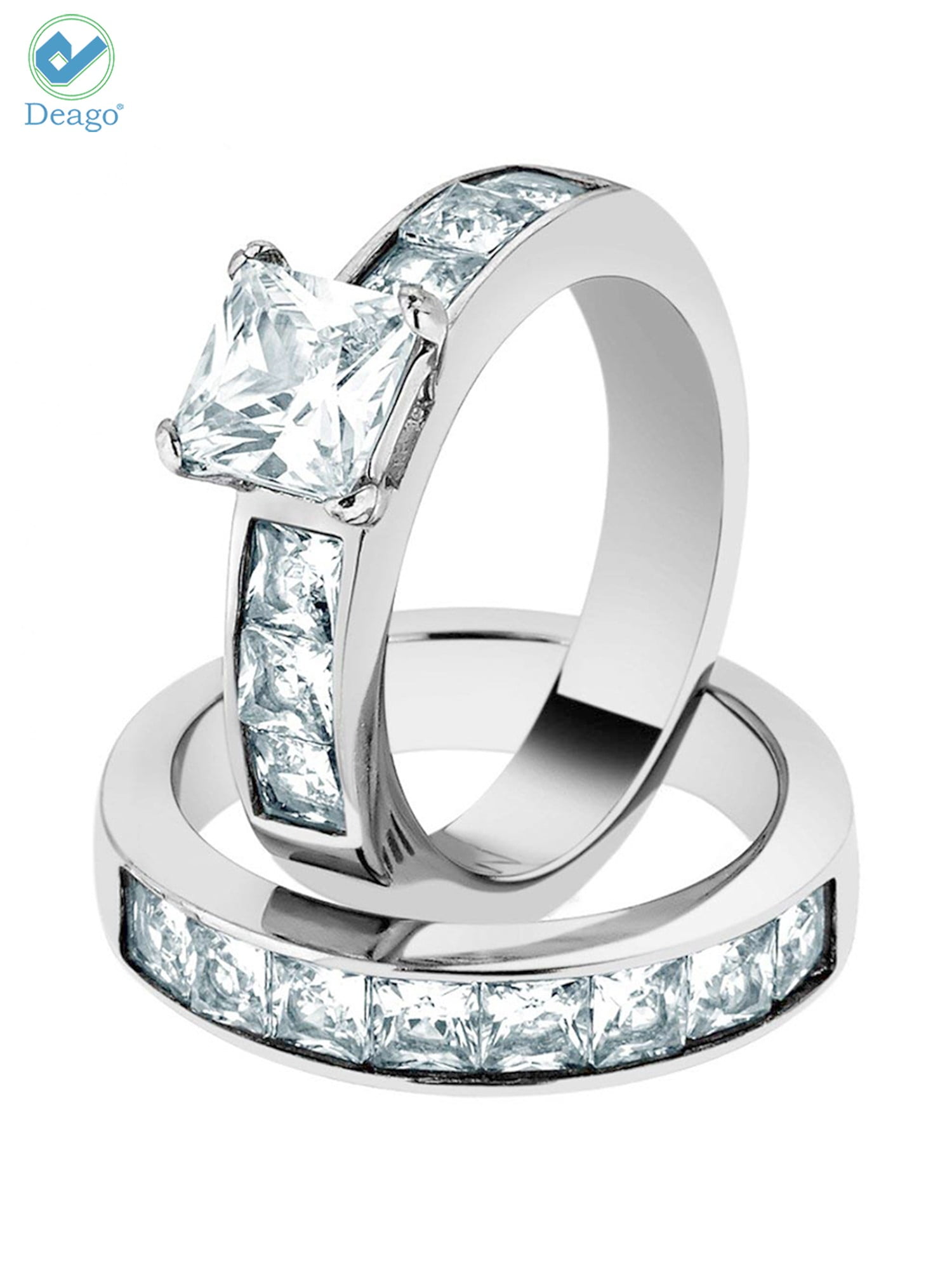 His & Her Stainless Steel 1.80 Ct Cz Bridal Ring Set & Men Zirconia Wedding Band 