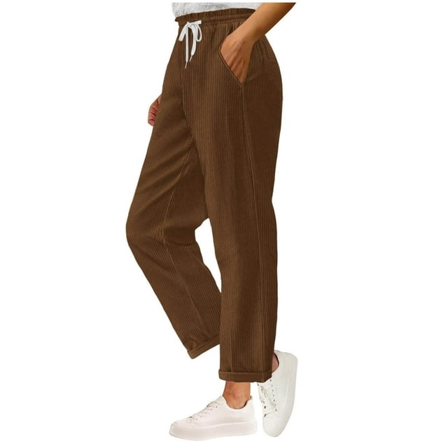 BLVB Corduroy Pants for Women Drawstring Elastic High Waist Pull on Straight Leg Slacks Casual Comfy Fall Trousers with Pockets