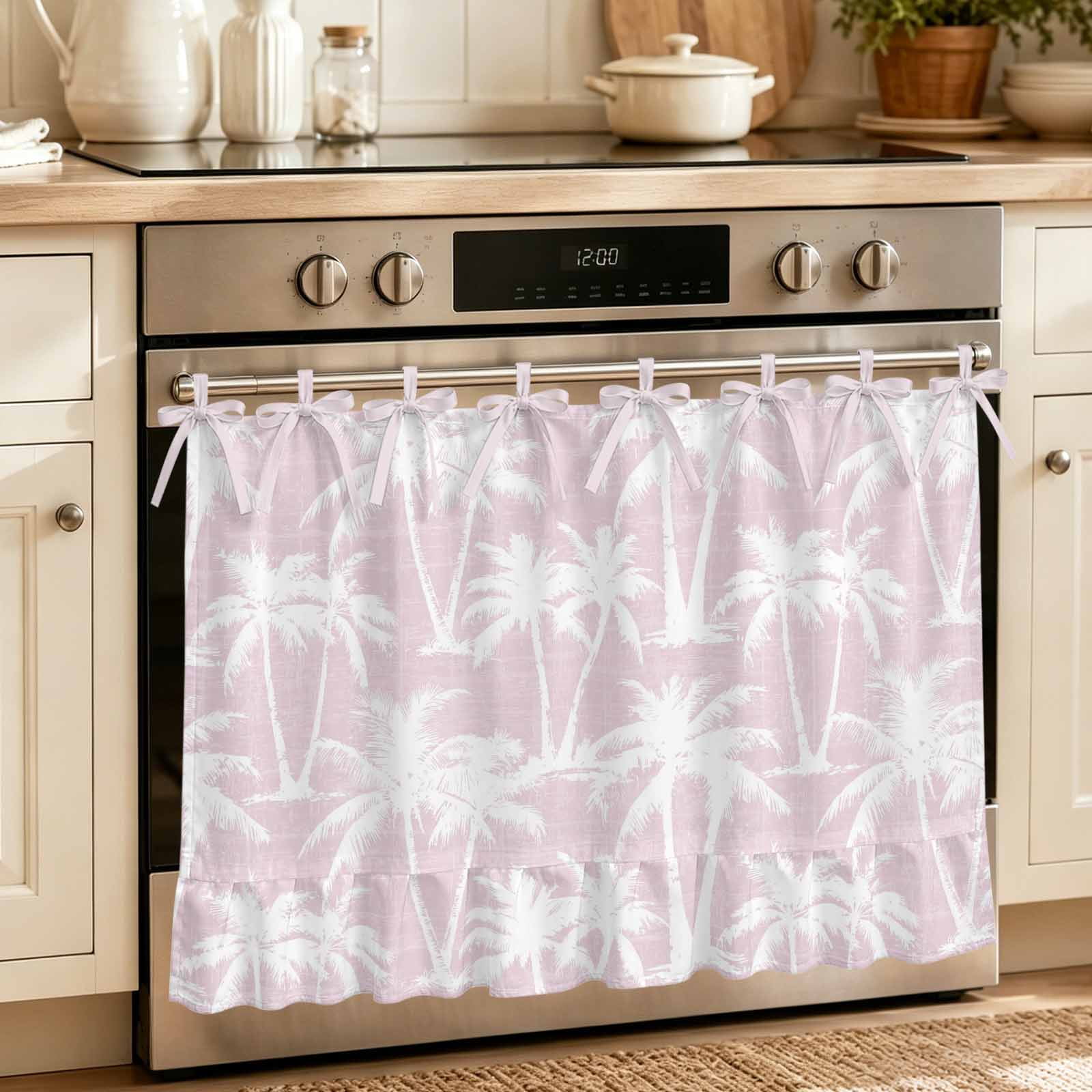 Pink Palm Tree Summer Oven Skirt for Farmhouse Kitchen D&eacute;cor Beach Tropical Botanical Coastal Oven Curtain Tie Top Decorative Stove Skirt Cabinet Dish Washer Curtains with 8 Ribbon Ties 30 x21.5