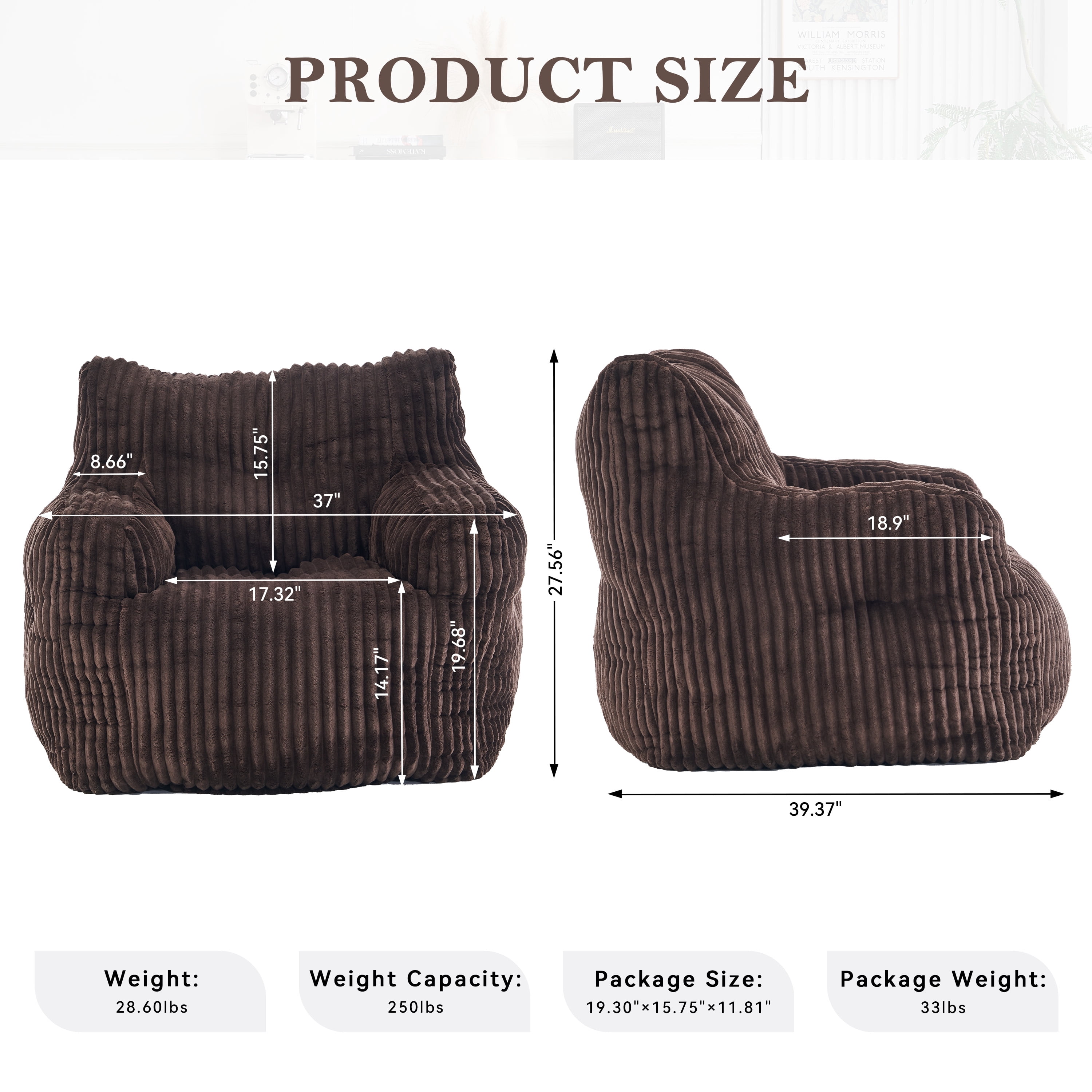 Soft Fluffy Corduroy Fabric Bean Bag Chair Filled With Memory Sponge,Brown