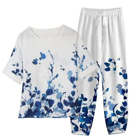 

Women Summer Outfits Linen Suits Cotton Half Sleeve Shirt Tops Wide Leg Trousers Pant Two Pieces Lounge Pajamas Sets Womens Clothes