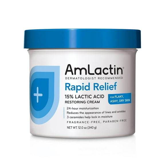 AmLactin Rapid Relief Restoring Body Cream â€“ 12 oz Tub â€“ 2-in-1 Exfoliator and Moisturizer for Dry Skin with 15% Lactic Acid and Ceramides for 24-Hour Moisturization