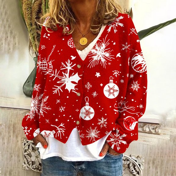 Jjayotai Cardigan Sweaters for Women, Long Sleeve Button Down V Neck Christmas Cute Knit Sweater Cardigan, Lightweight Fall Outerwear Red M