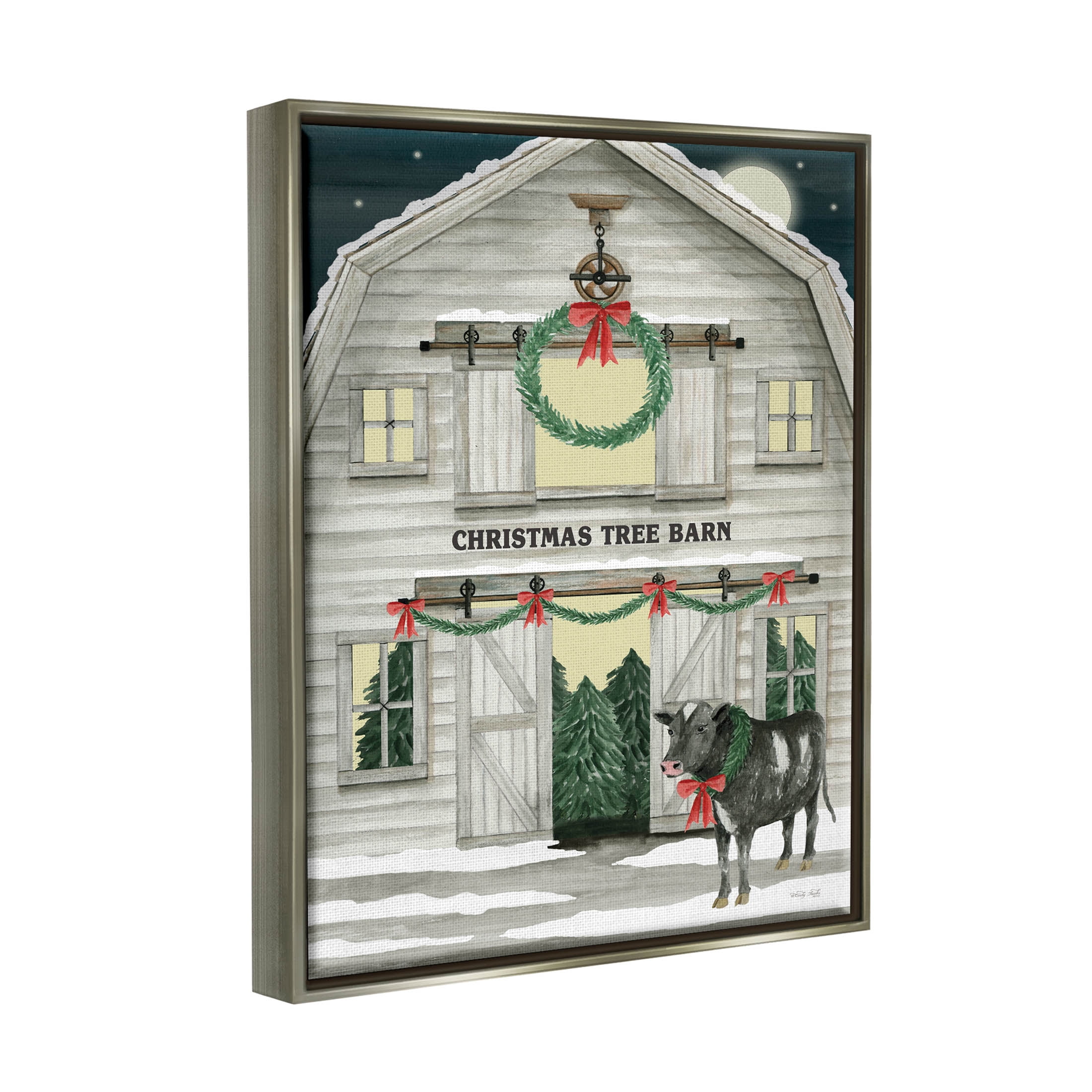 Christmas Tree Barn Rural Countryside Holiday Graphic Art Luster Gray Framed Art Print Wall Art