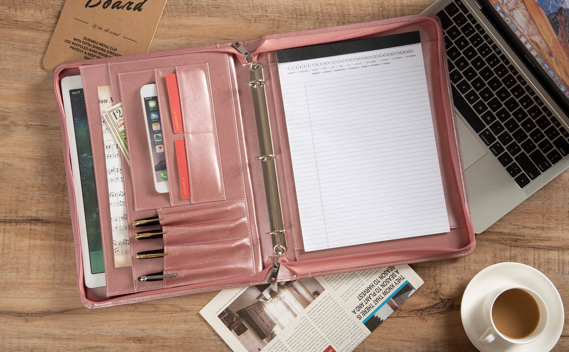 LeatherBelief Portfolio 3 Rings Binder 1 inch, PU Leather Padfolio with Zipper, Business Organizers with A4 Legal Pads, Gift for Her, Rosegold