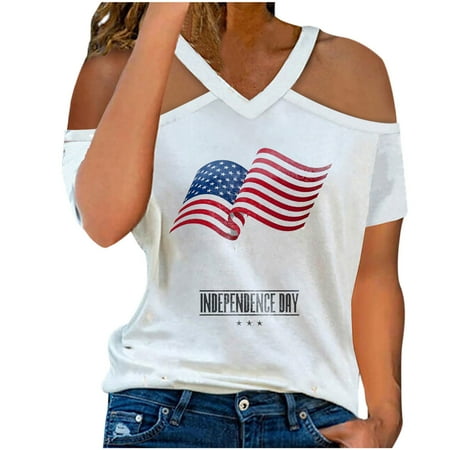 

Mrat Sleep Shirts for Women Short Sleeve V-Neck Blouses & Shirts Ladies Fashion V Neck Leisure Off The Shoulder Independence Day Print Tops Plus Size Blouses for Female Dressy