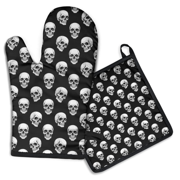 Black White Skull Pattern Kitchen Oven Mitt and Pot Holder Sets 2 Pcs for Baking, Cooking and Grilling, Heat Resistant Up To 392 °F
