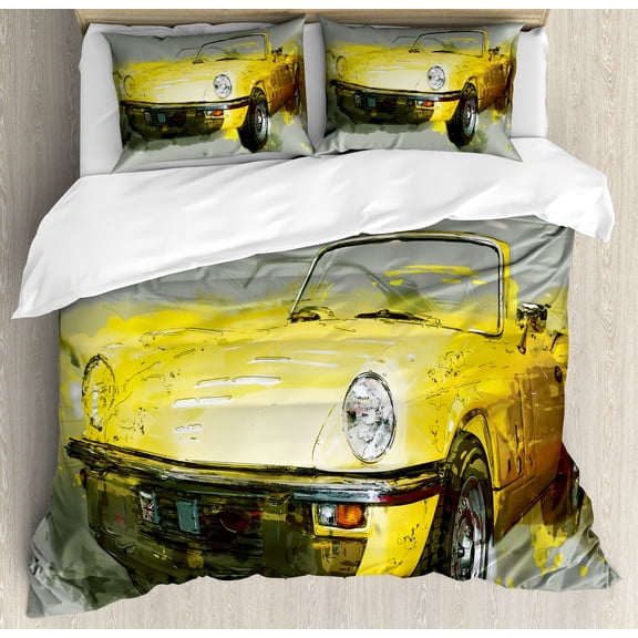 Ambesonne Car Duvet Cover Set, Vintage Retro Style Cuban, King, Sage Green Yellow