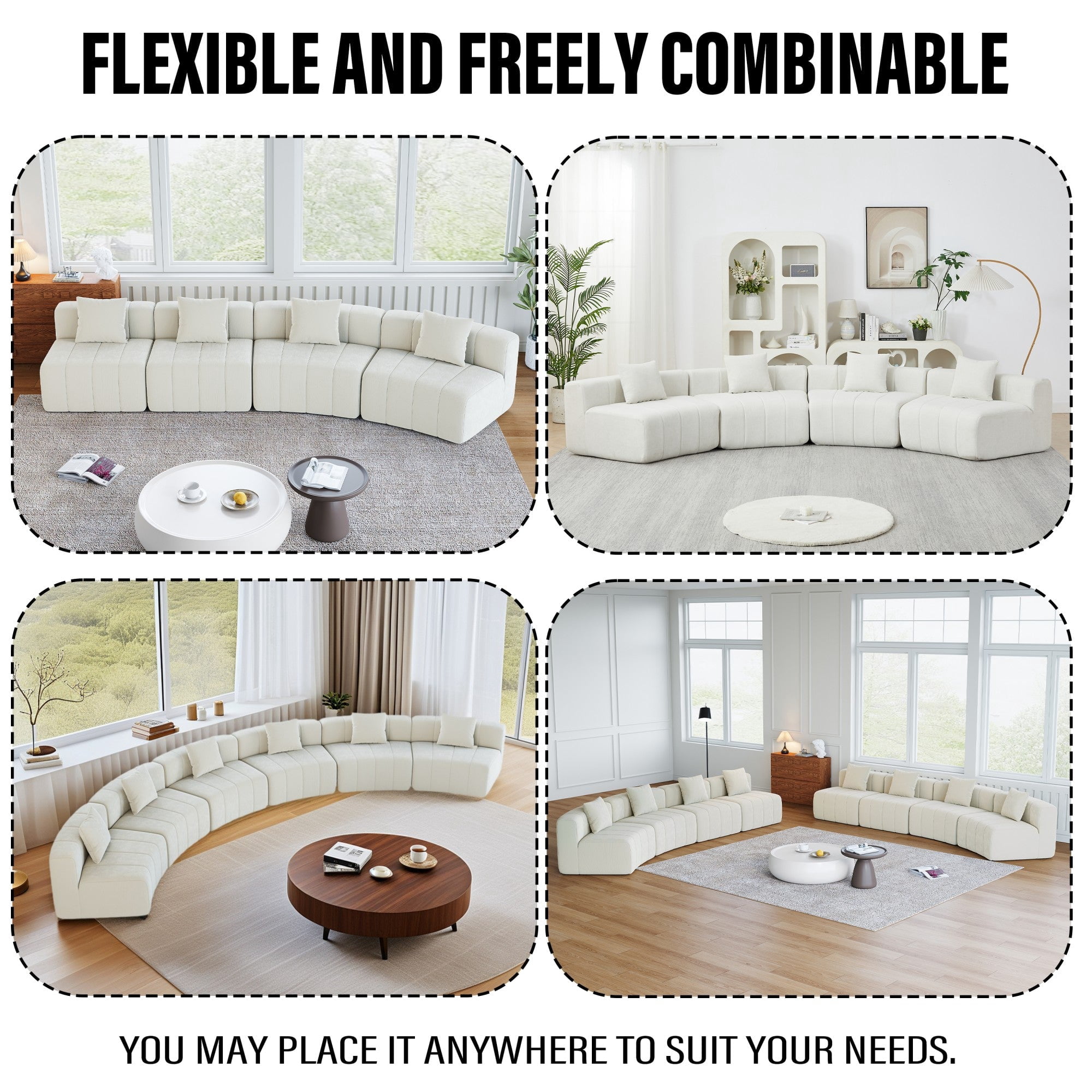 Sailvan Curved Sectional Sofa, Modular Semi Circular Chenille Couch with 4 Pillows, No Assembly Symmetrical Cloud Sofa for Living Room Beige