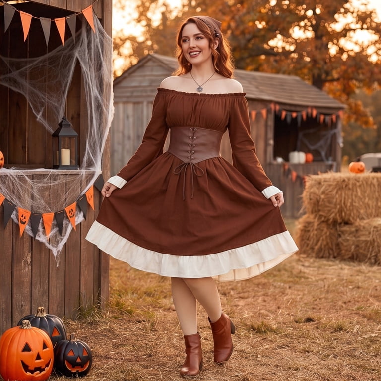 brown peasant dress Long Sleeve Fashion Safari Lodi Smocked bodice with ruffle and decorative stitching Oioloyjm Renaissance Medieval Dress for